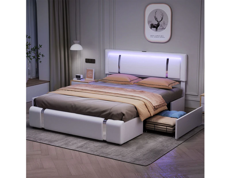 Levede Double Bed Frame Adjustable Headboard LED Lights Drawers USB Charge