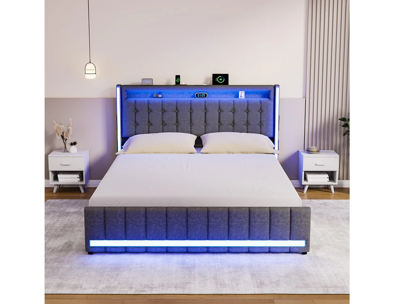 Levede Queen Solid Bed Frame Headboard RGB LED Lights 4 Drawer USB Charge