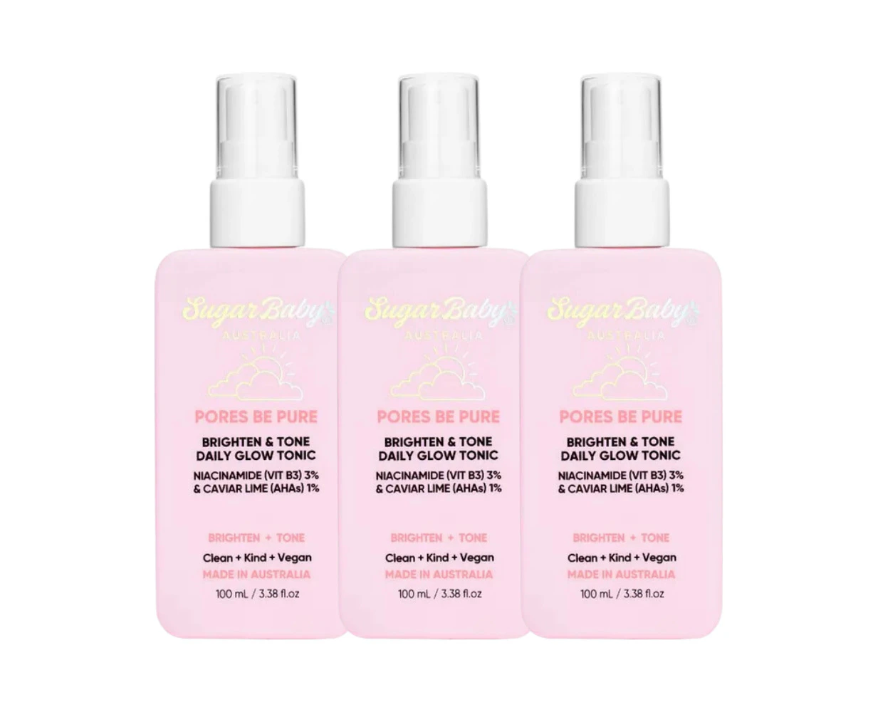 3 x SugarBaby Pores Be Pure Brighten and Tone Daily Glow Tonic 100mL