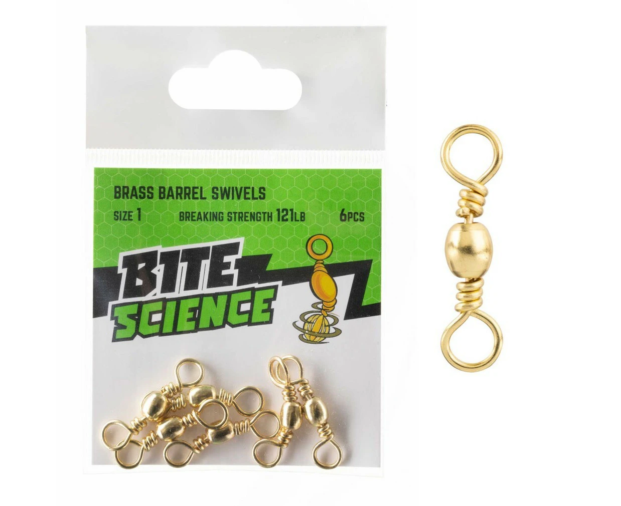 6 Pack of Size 1 Bite Science Brass Barrel Fishing Swivels - 121lb