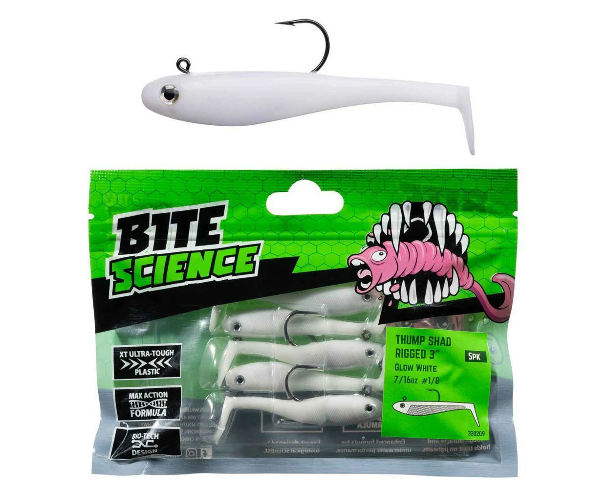 5 Pack of 3 Inch Bite Science Thump Shad Rigged Soft Plastics - Glow White