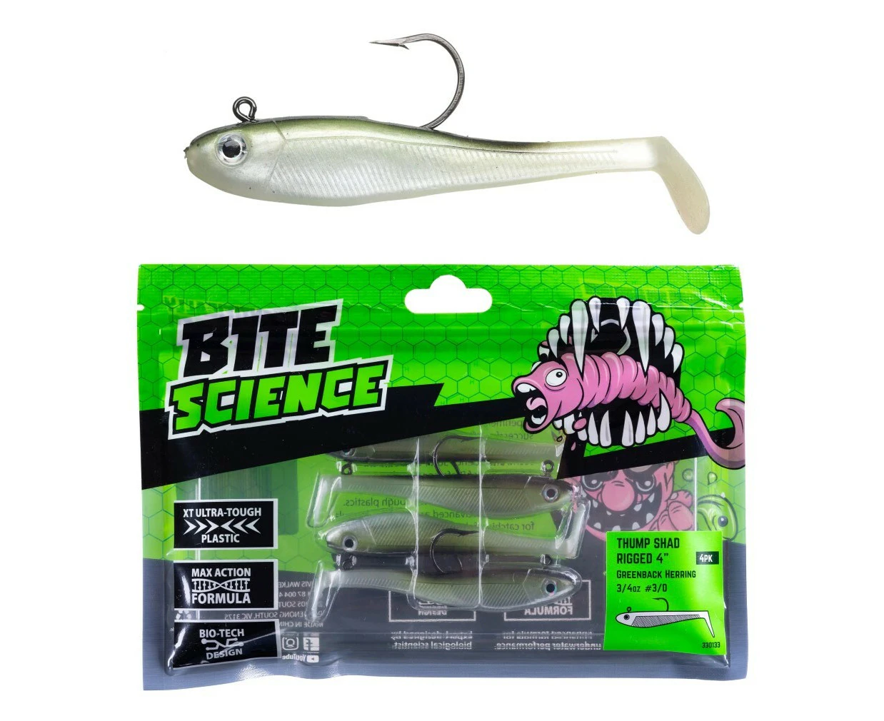 4 Pack of 4 Inch Bite Science Thump Shad Rigged Soft Plastics -Greenback Herring