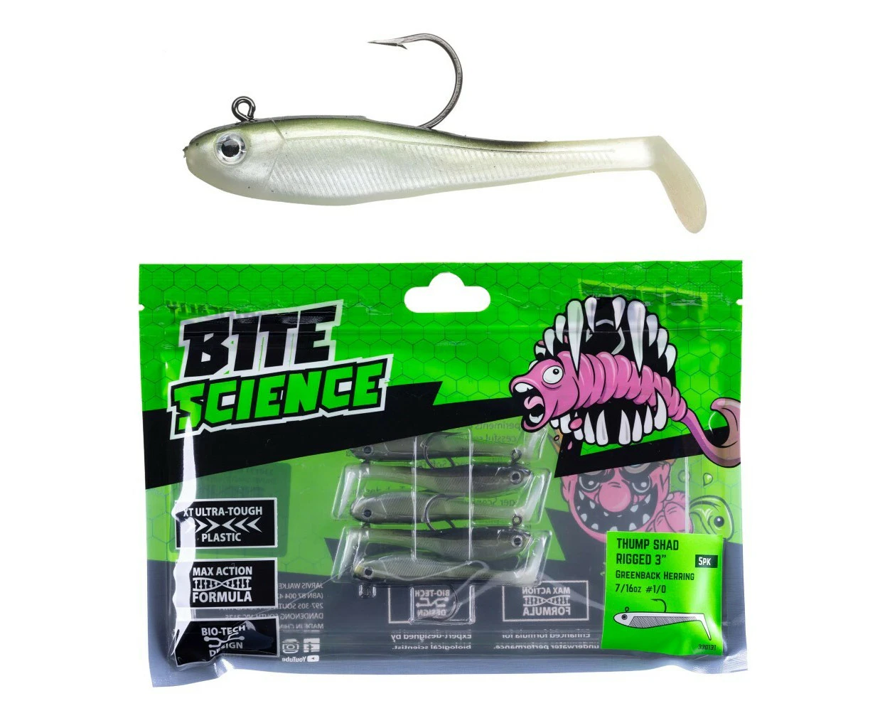 5 Pack of 3 Inch Bite Science Thump Shad Rigged Soft Plastics -Greenback Herring