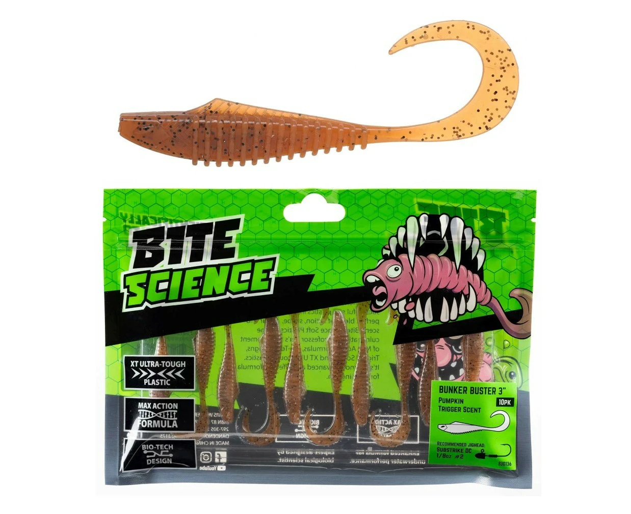 10 Pack of 3 Inch Bite Science Bunker Buster Soft Plastic Lures - Pumpkin