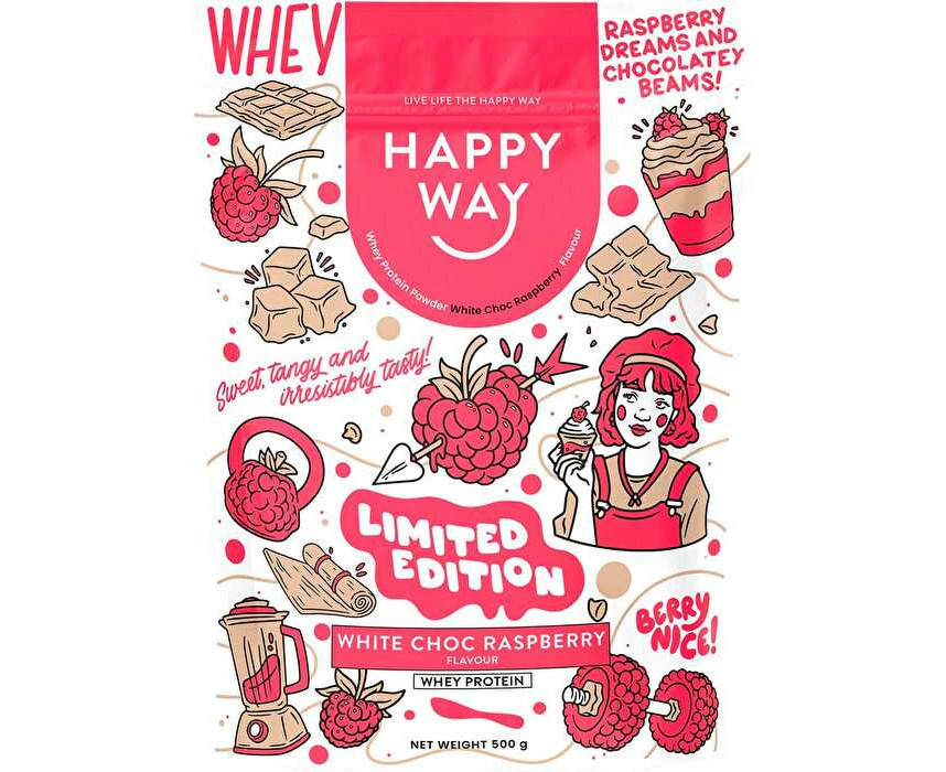 Happy Way Whey Protein Powder White Choc Raspberry 500g