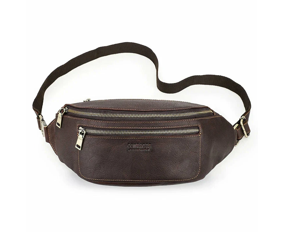 Men's Leather Waist Bag Travel Fanny Pack Belt Pouch (Coffee)