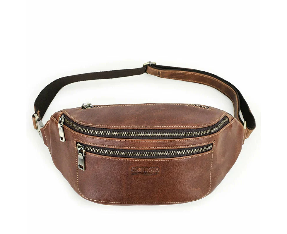 Men's Leather Waist Bag Travel Fanny Pack Belt Pouch (Champagne)