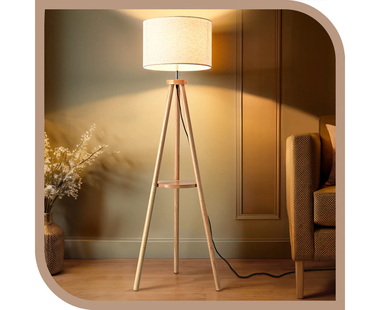 Krear Tripod Floor Lamp Wooden Modern Reading Light 1 Tier Shelf Standing Light for Bedroom Natural