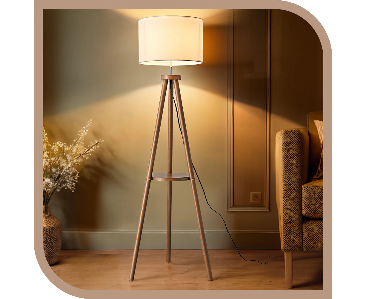 Krear Tripod Floor Lamp Wooden Modern Reading Light 1 Tier Shelf Standing Light for Bedroom Natural