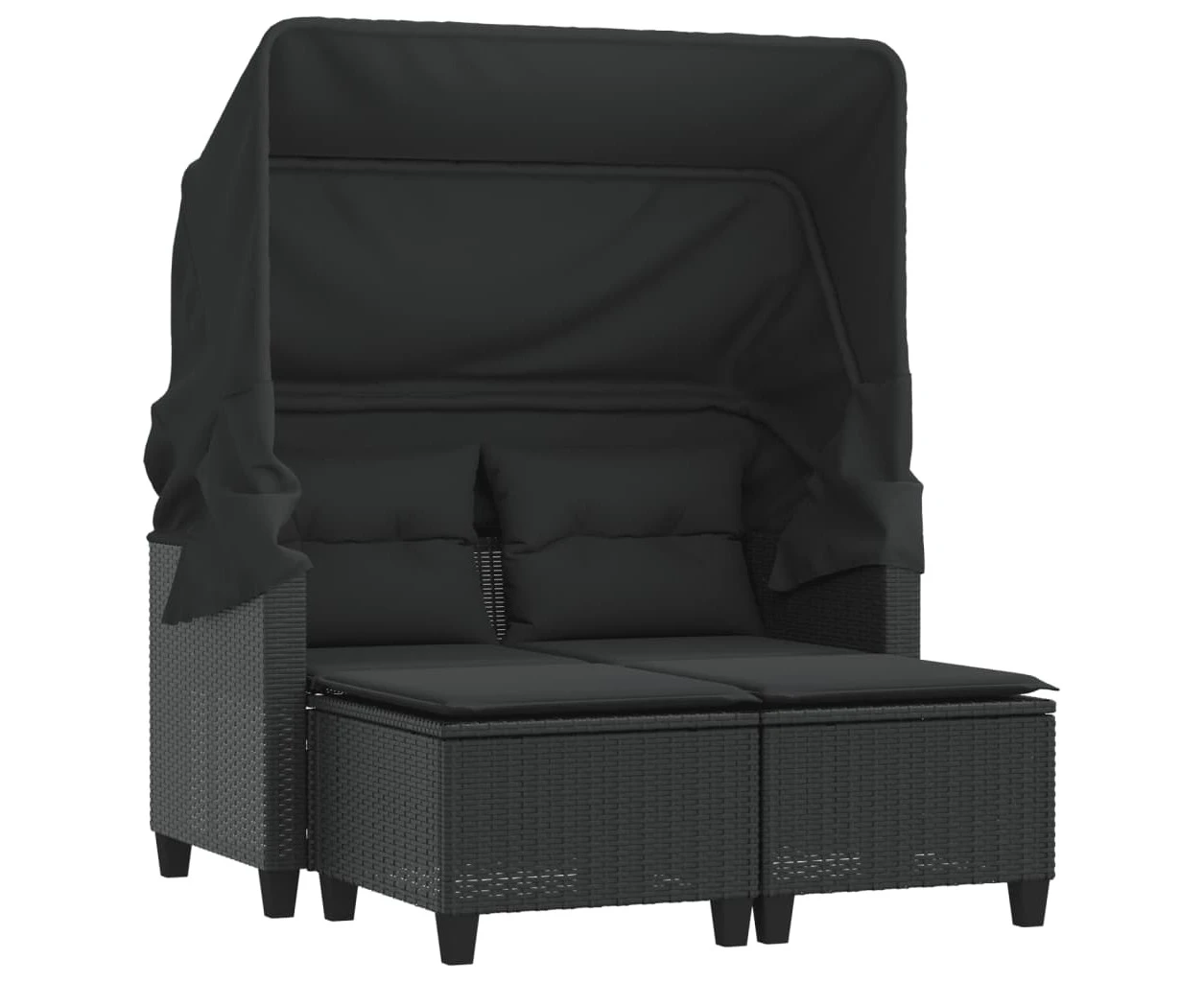 vidaXL Garden Sofa 2-Seater with Canopy and Stools Black Poly Rattan