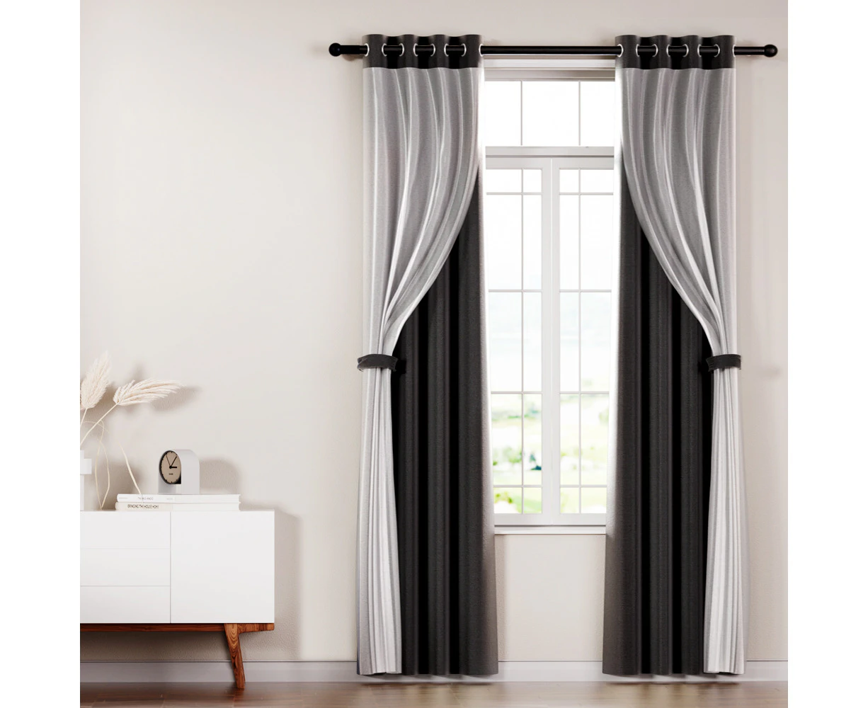 Artiss 2X 132x304cm Blockout Sheer Curtains Black