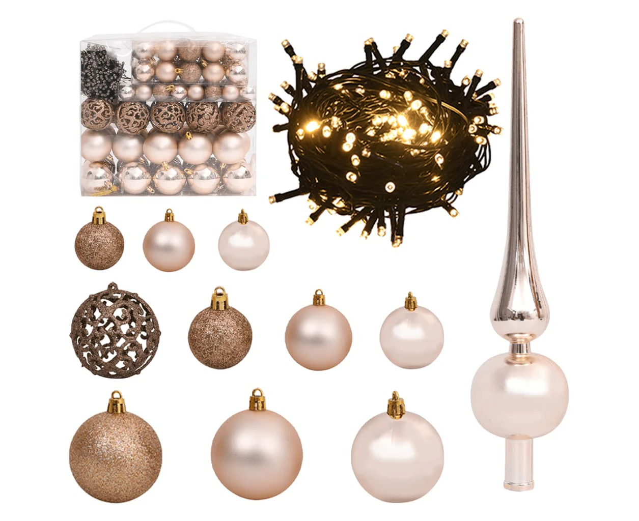 vidaXL 120 Piece Christmas Ball Set with Peak and 300 LEDs Rose Gold