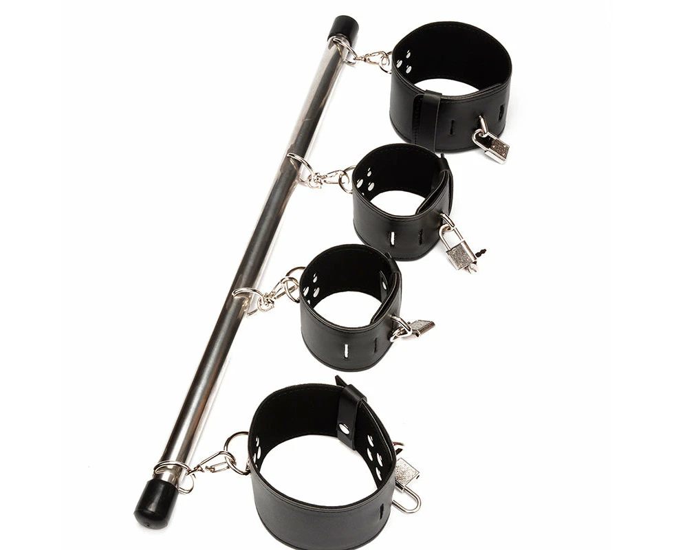 BDSM Spreader Bar with Ankle & Wrist Handcuffs - Adjustable Bondage Restraint in Black