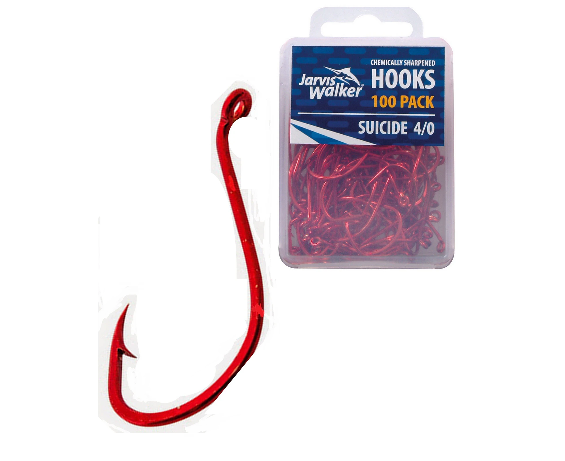 100 x Jarvis Walker Size 4/0 Suicide Octopus Hooks - Red Chemically Sharpened