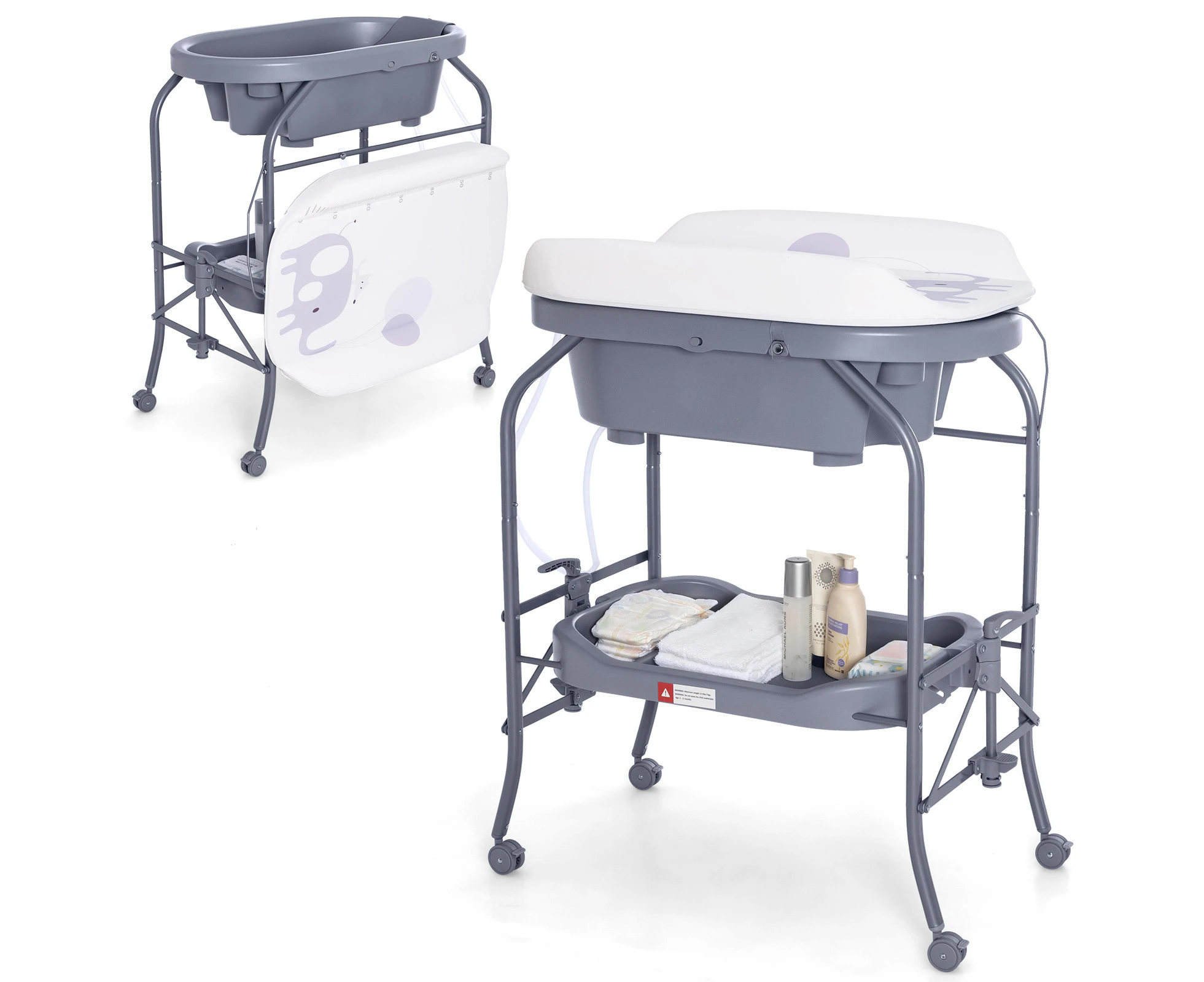 Giantex 2-in-1 Foldable Baby Change & Bathtub Table on Wheels Cute Elephant Print w/Waterproof Pad & Tray, Grey