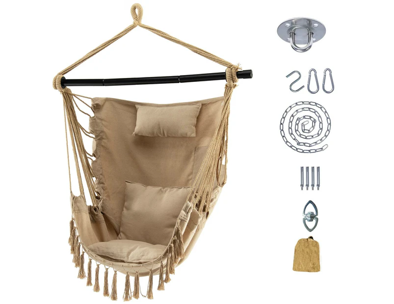 Costway Hammock Macrame Chair Hanging Swing Chair w/Pillow & Installation Kit Home Garden Brown