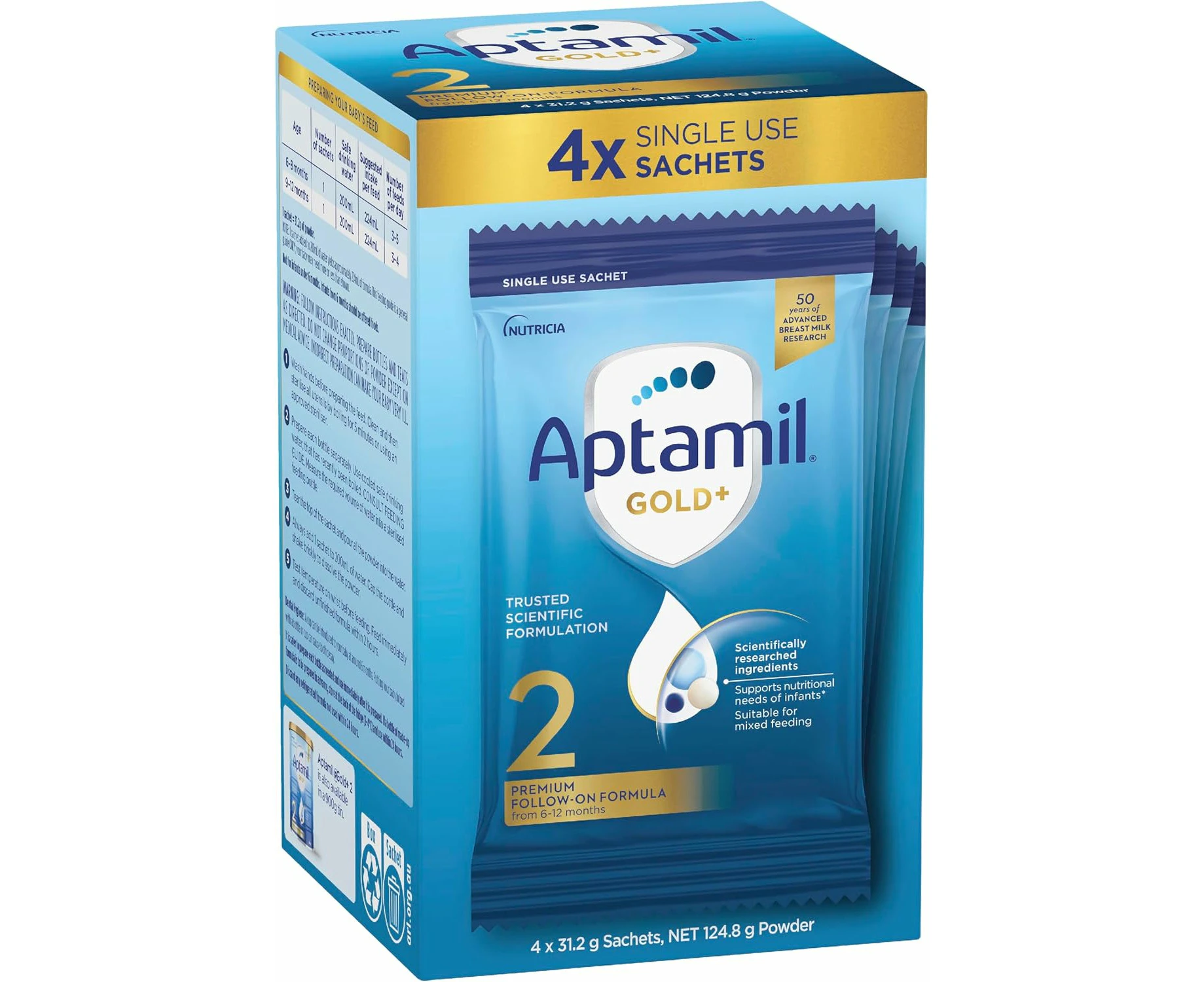 Aptamil Gold+ 2 Baby Follow-on Formula Powder Sachets From 6-12 Months 4 Pack 30.8g