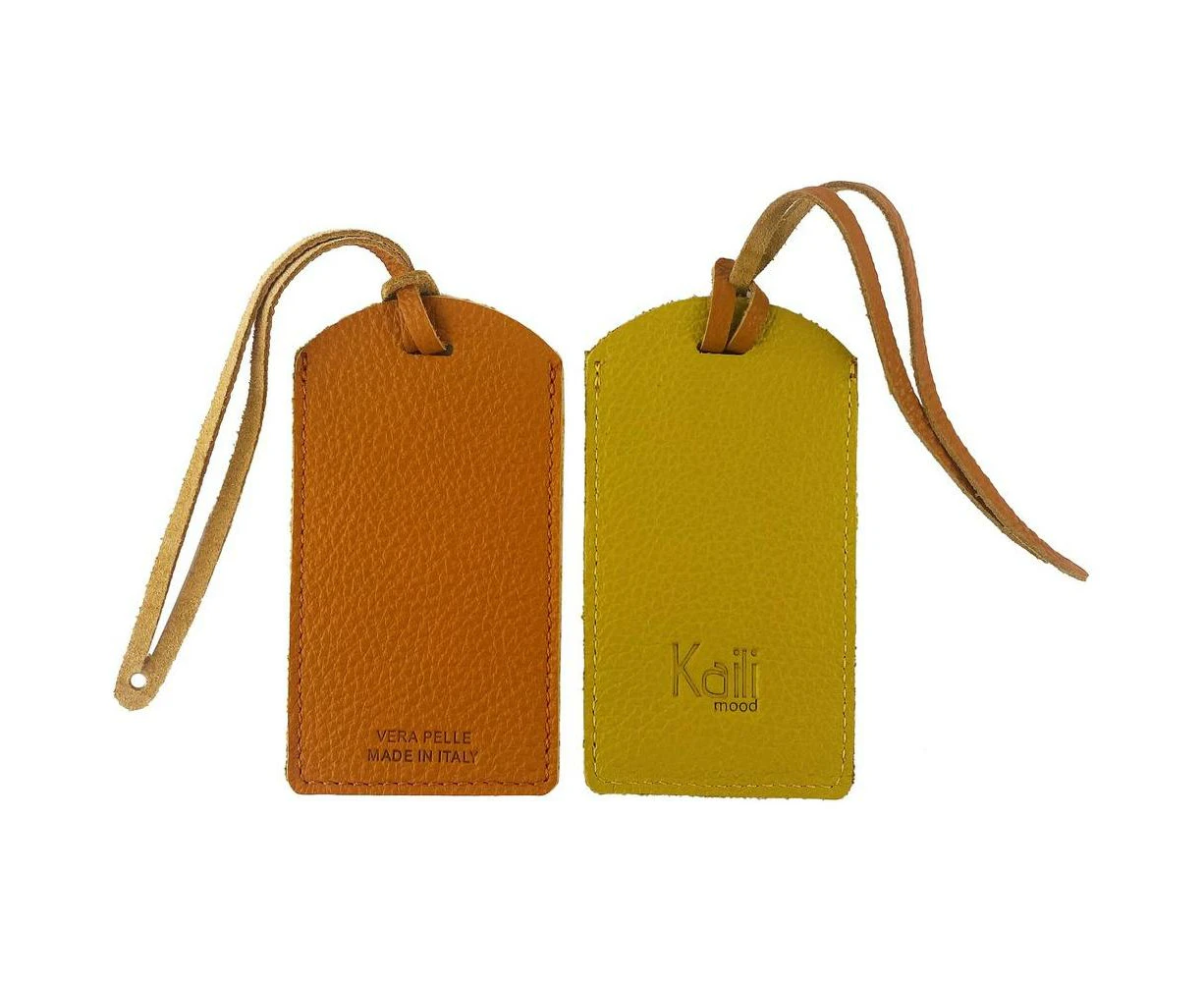 ? Luxe Italian Leather Luggage Tag: Kaili Mood K0041lrb | Unisex Bicolour Orange/yellow Dollaro Grain ?