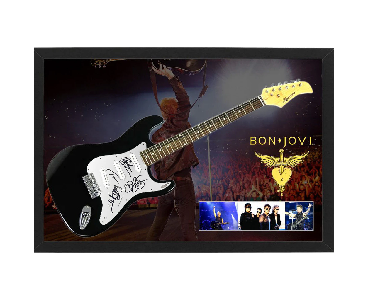 Music Bon Jovi Band Signed & Framed Guitar With Backdrop #37218