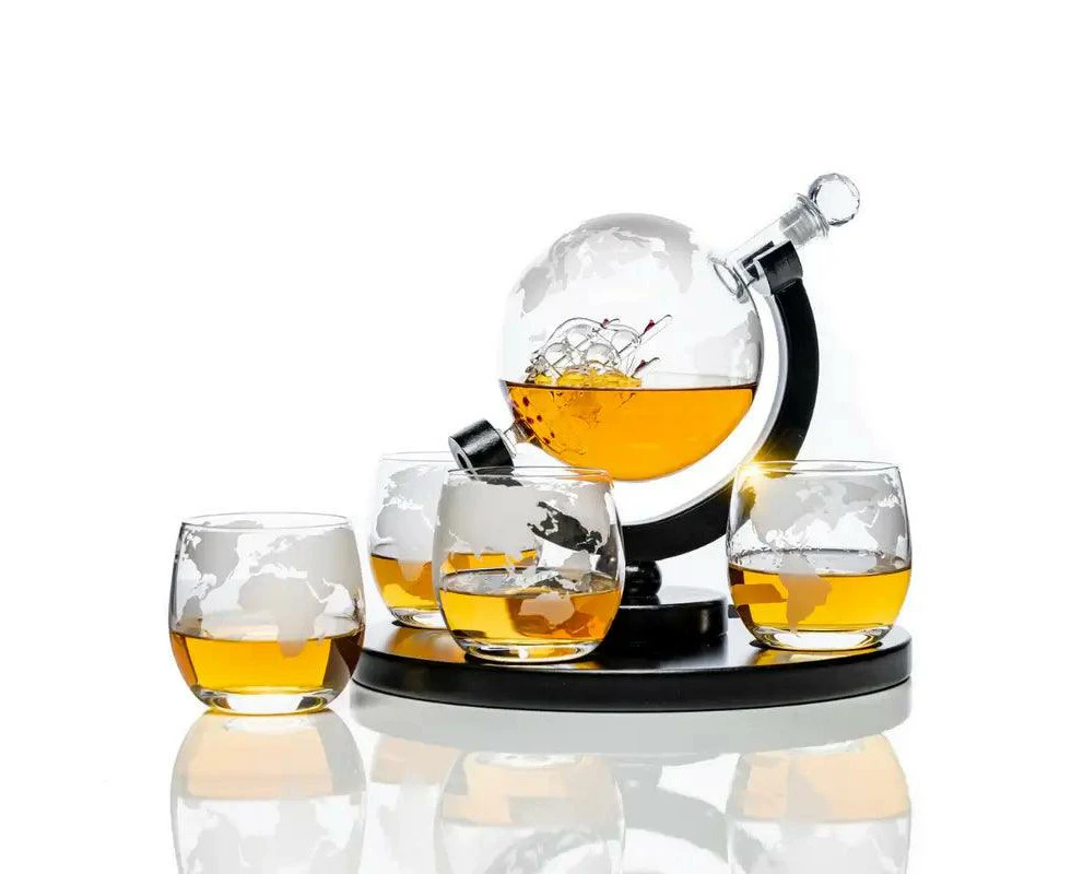 Don Vassie Etched Globe Decanter Set with 4 Etched Glasses and a Round Pine Base