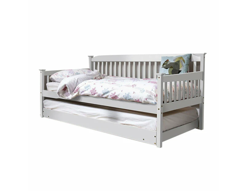 Foret Bed Frame Single Base Trundle Daybed Kids Wood White 2pc