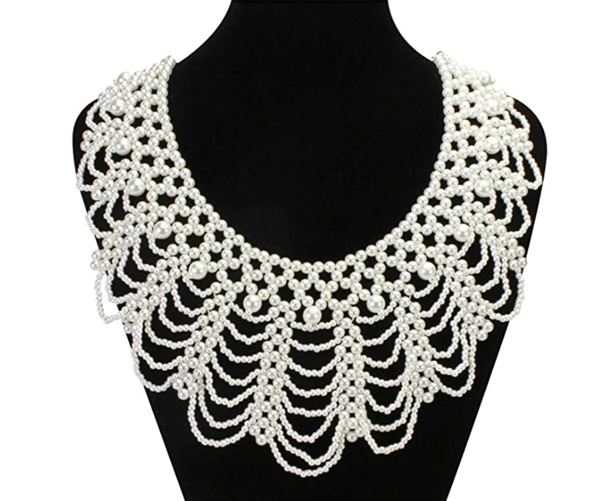 Women Luxury Imitation Pearl Beaded Bib Choker Necklace Flower Petal Jewelry Decorative Gown Dress Detachable False Fake Collar Dicky Neckwear