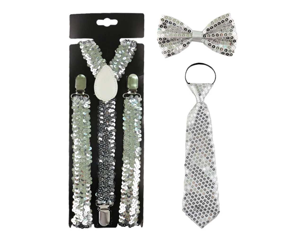 Adult Sequins Bowtie Necktie and Clip-on Elastic Y-Shape Back Brace Suspenders - Silver