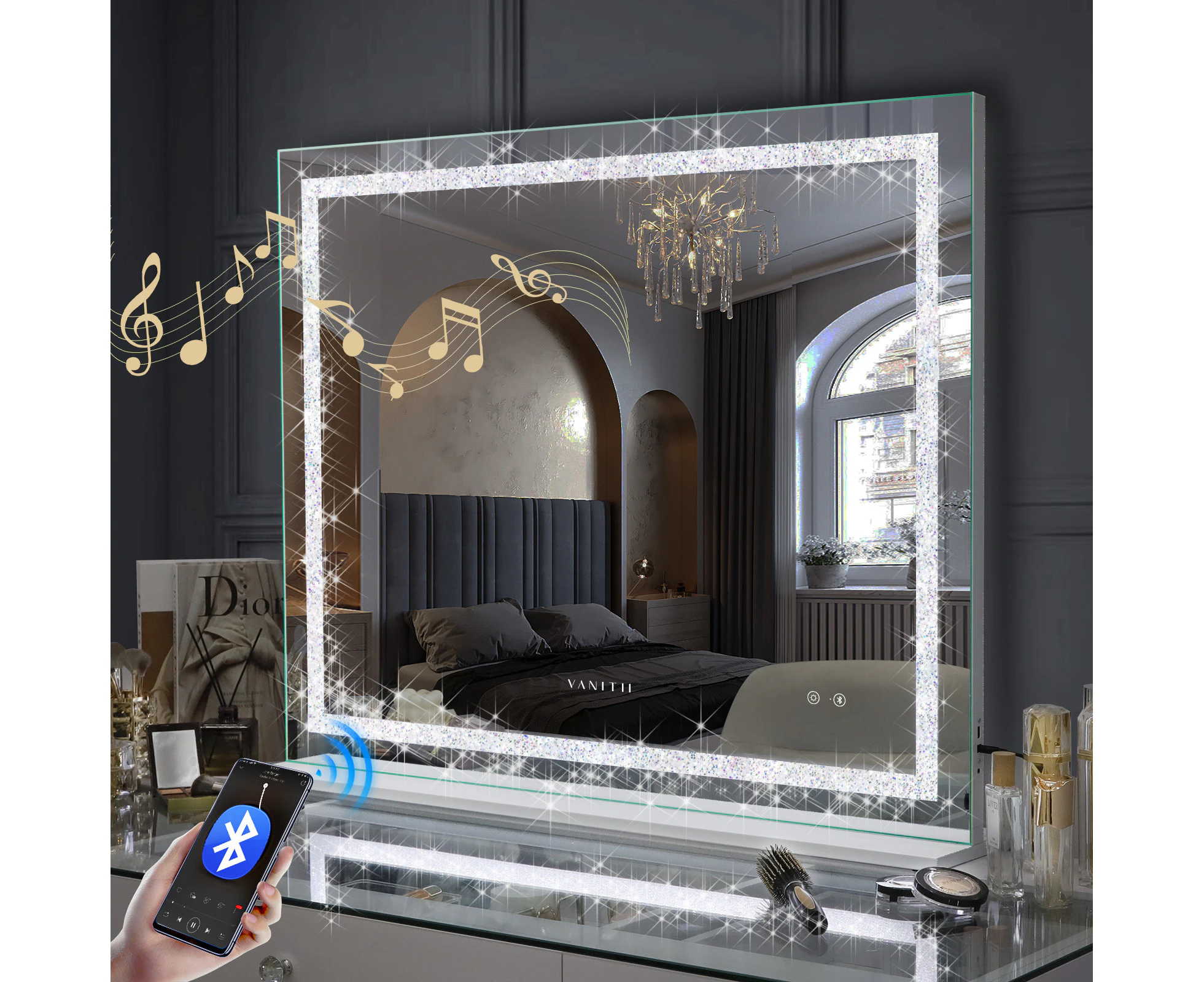 VANITIIT GLOBAL 100cm Hollywood Vanity Mirror with Crystal Strip Lights Bluetooth Tabletop Wall for Makeup