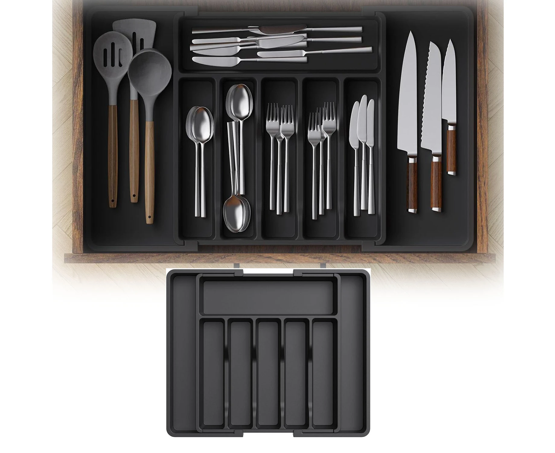 Expandable Silverware Drawer Organizer, Adjustable Utensil Tray for Kitchen-Black