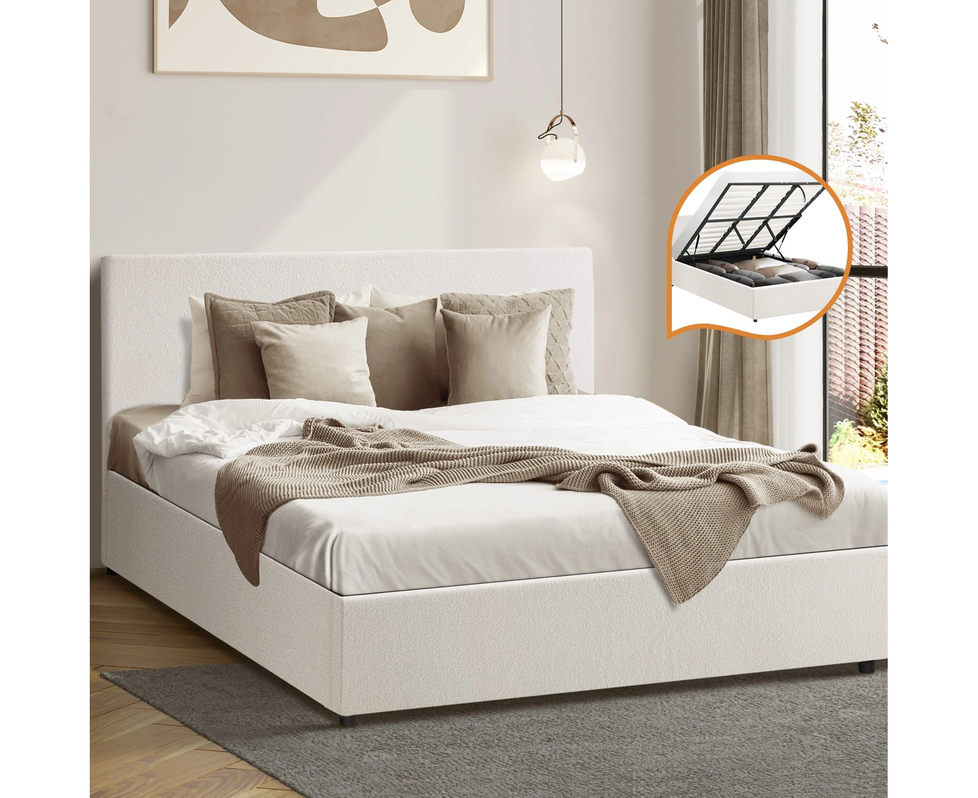 Oikiture Bed Frame King Size Gas Lift Base With Storage White Boucle