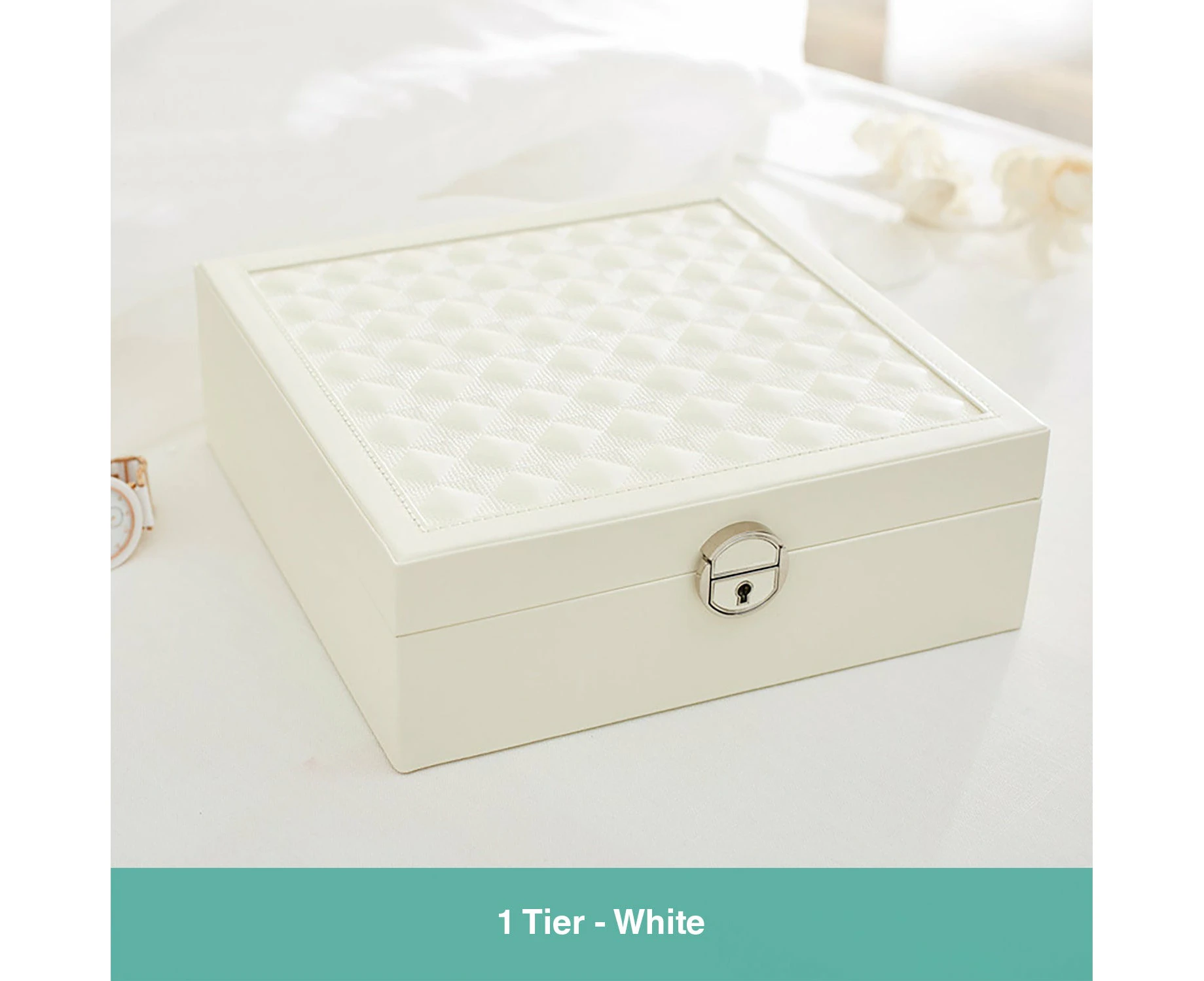 Wasel Leather Jewellery Box Case Storage Travel Jewelry Organiser Ornaments Lock - 1 Tier - White