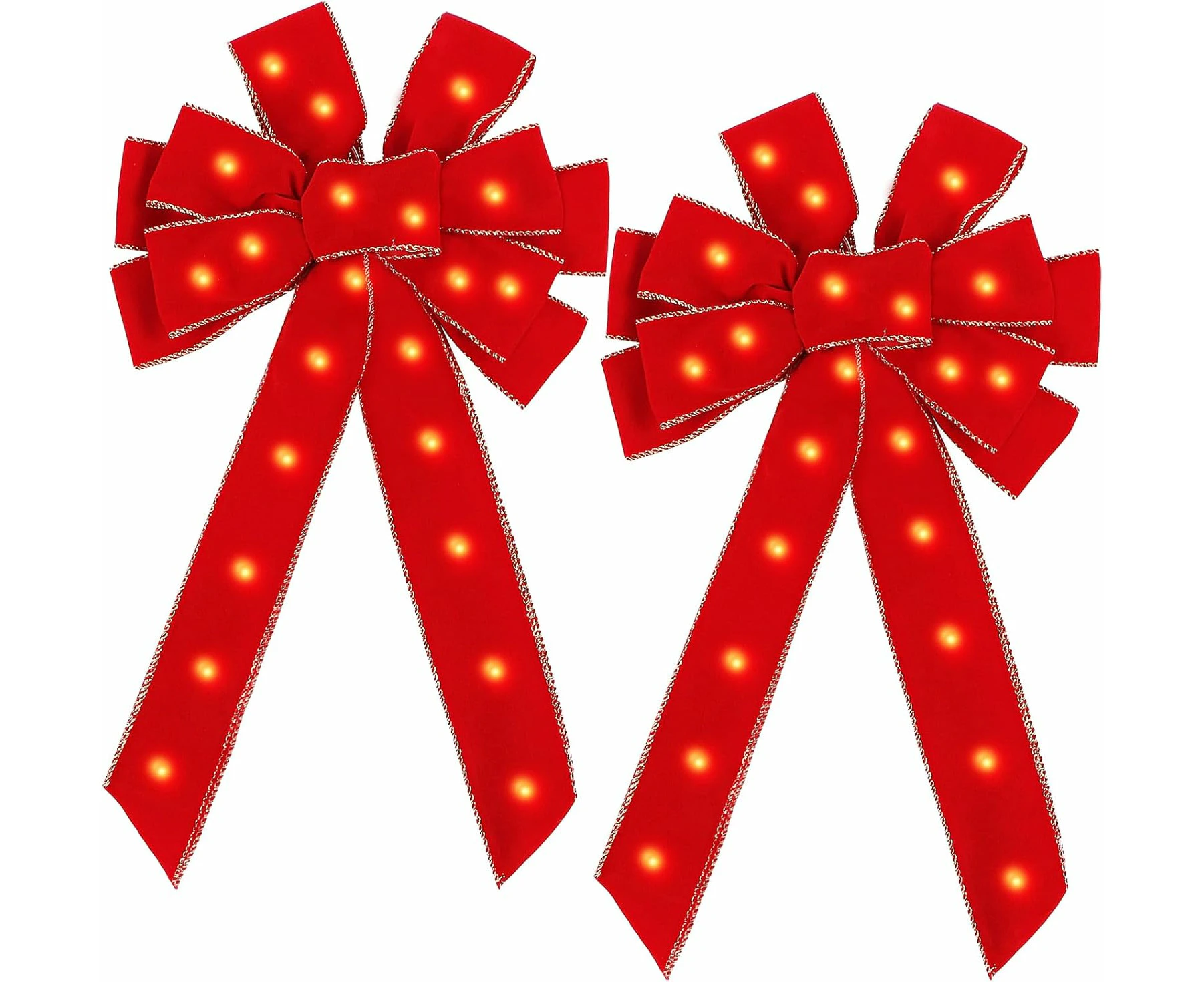 2 Packs Christmas Bows Lighted Christmas Decorations Red Velvet Ribbon Bow with Glitter Gold Edge for Tree Toppers Christmas Decorations Winter