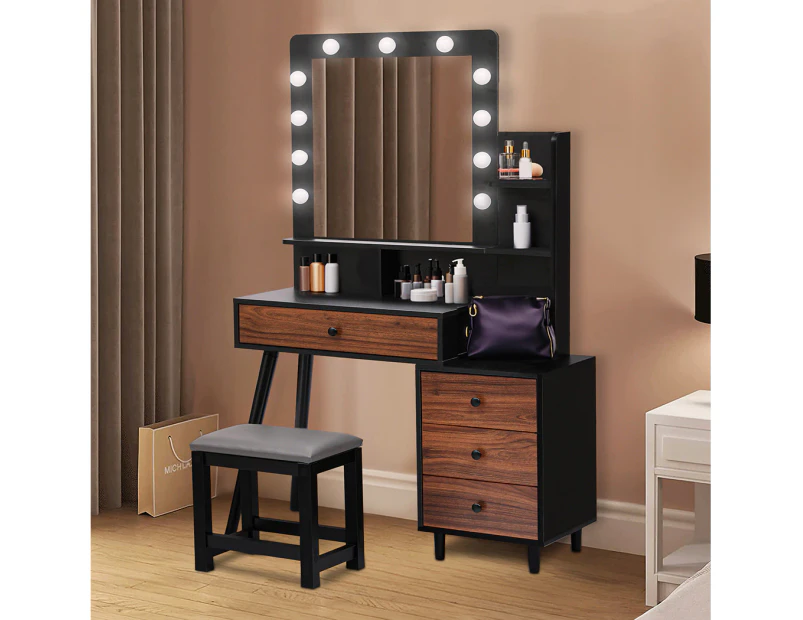 Levede Dressing Table Stool Set Makeup Mirror Vanity Storage Desk LED Bulbs