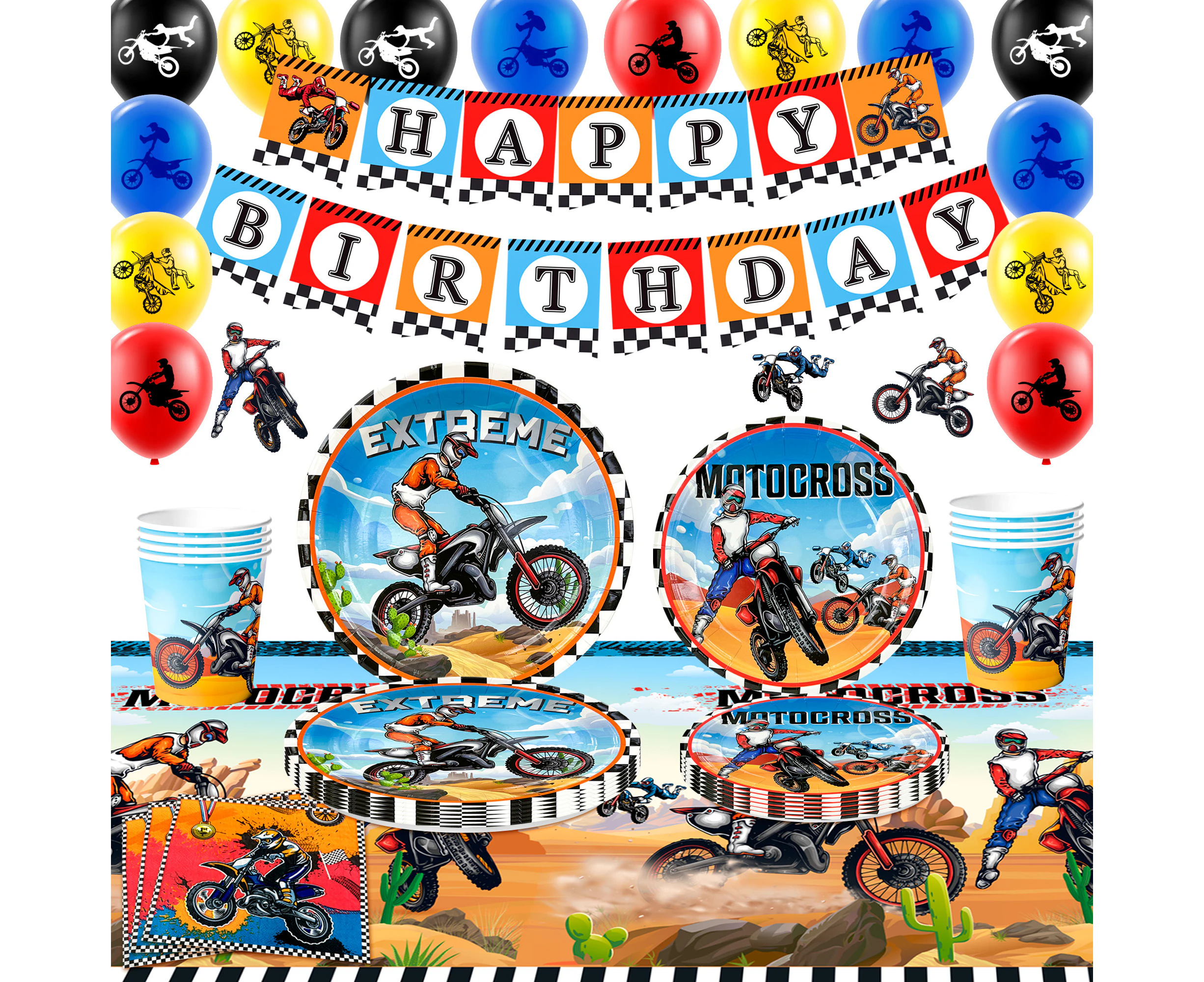 98pcs Motorcycle Birthday Decorations&Motorcycle Theme Party Set- Dirt Bike Party Napkins Banner Balloon etc Motocross Party Supplies for Boys