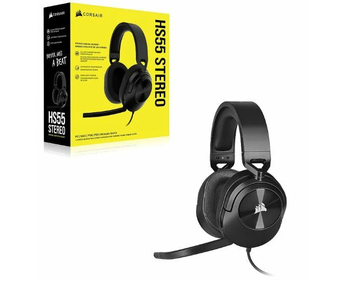 Corsair HS55 Carbon Stereo Gaming Headset, PS5 3D Audio, PS5, Switch, Discord Certified, Ultra Comfort Foam, 3.5mm Wired (LS)