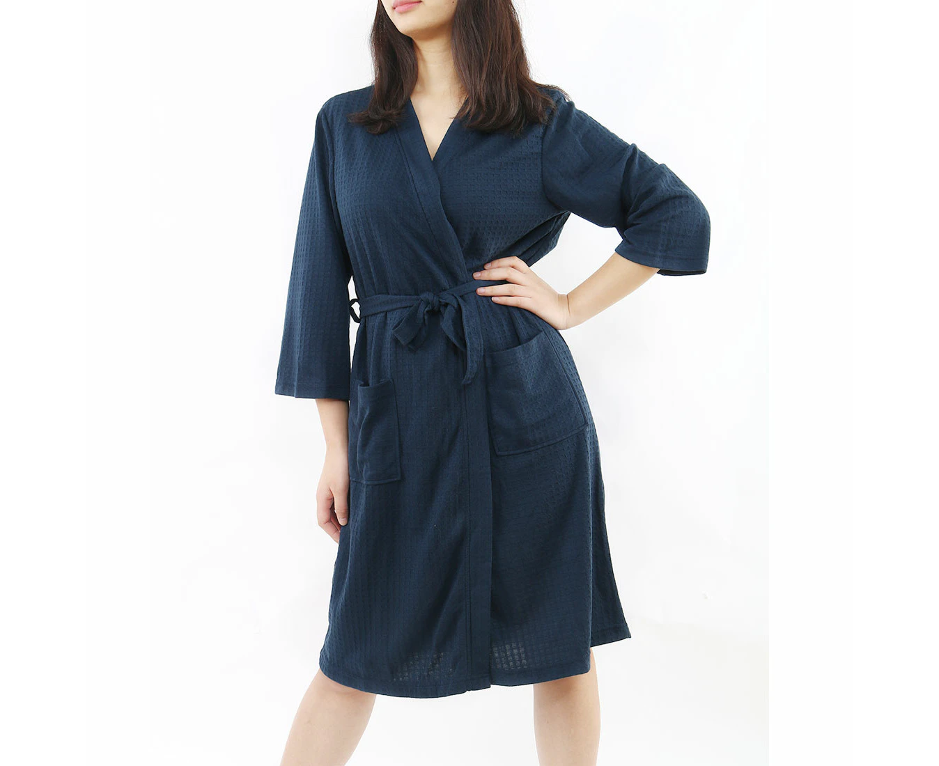 uxcell Turkish Polyester Soft Spa Waffle Short Robe Navy Blue