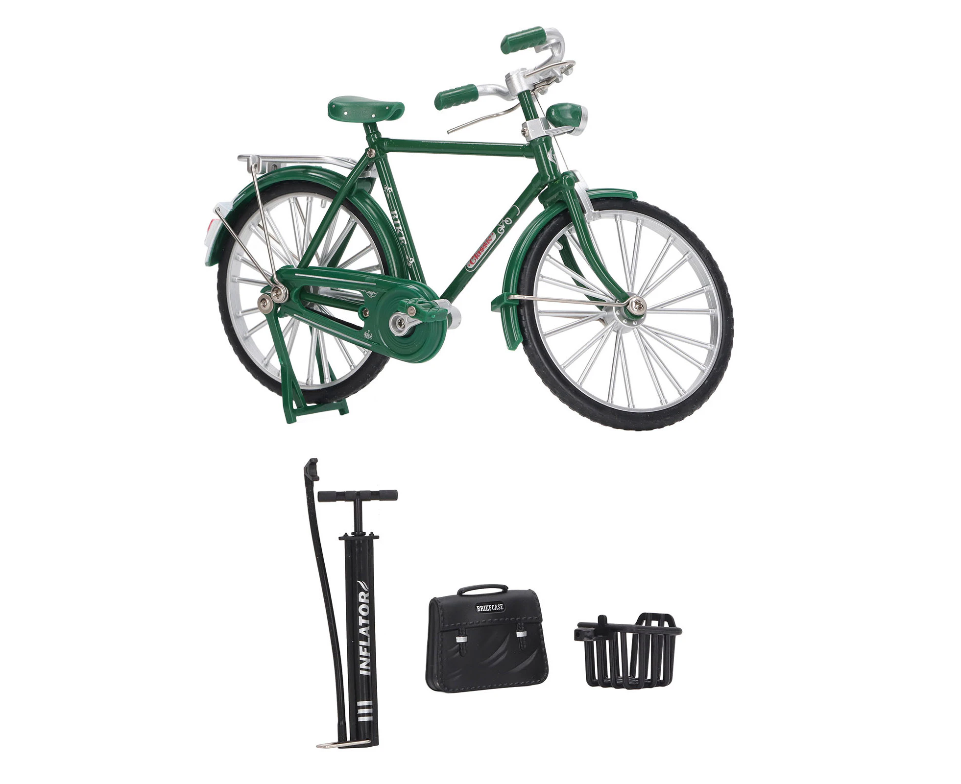 1:10 Alloy Bicycle Model Vintage Miniature Simulation Collection Free Standing Bike Model with Inflator Briefcase Green