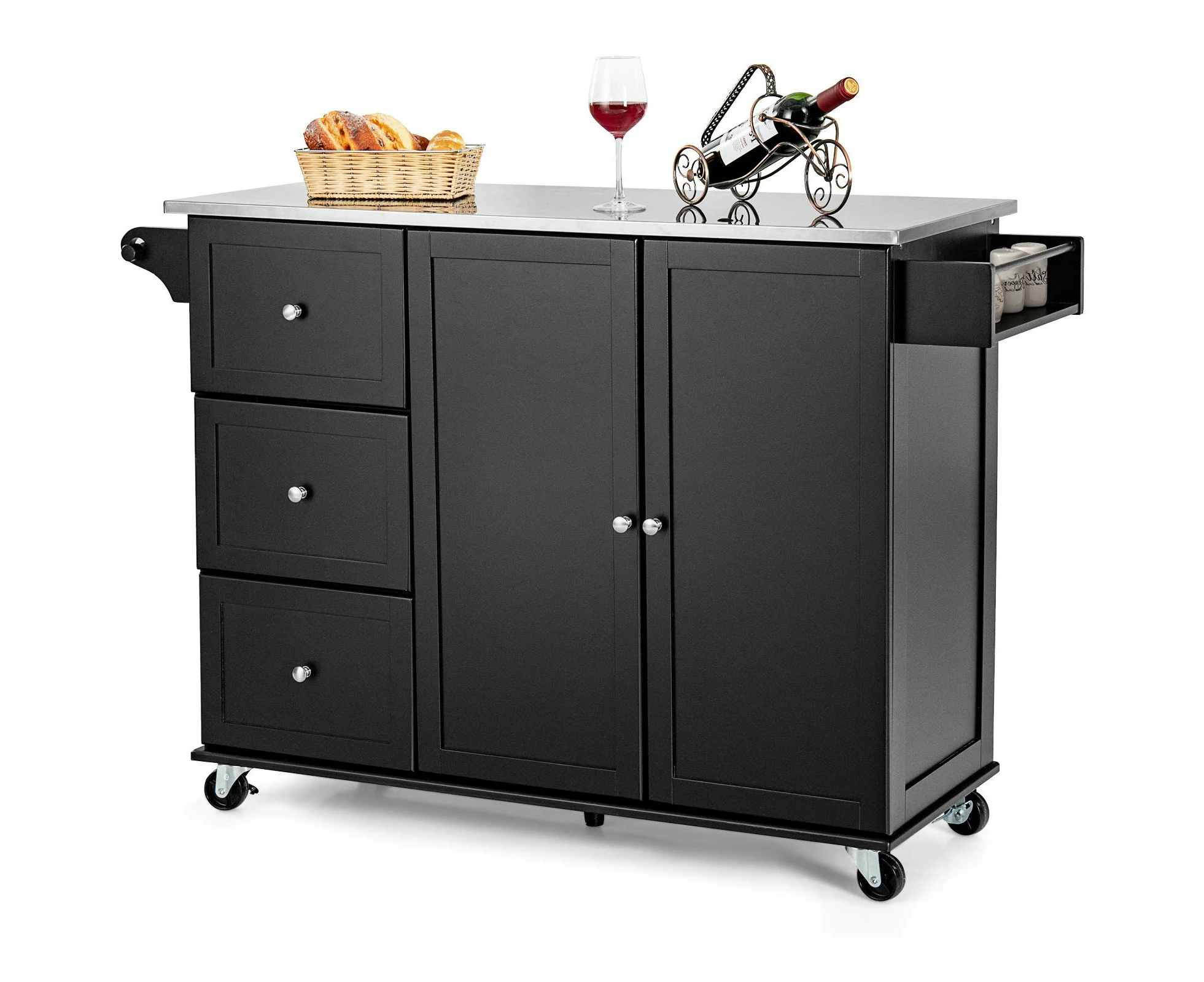 Costway Kitchen Trolley Cart Stainless Steel Rolling Serving Cart Shlef w/Drawers & Rack Utility Storage Cabinet Black