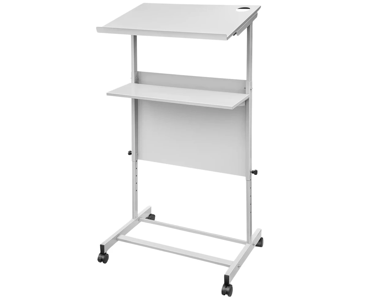 Height Adjustable Standing Lectern with Rolling Casters and Storage Shelf