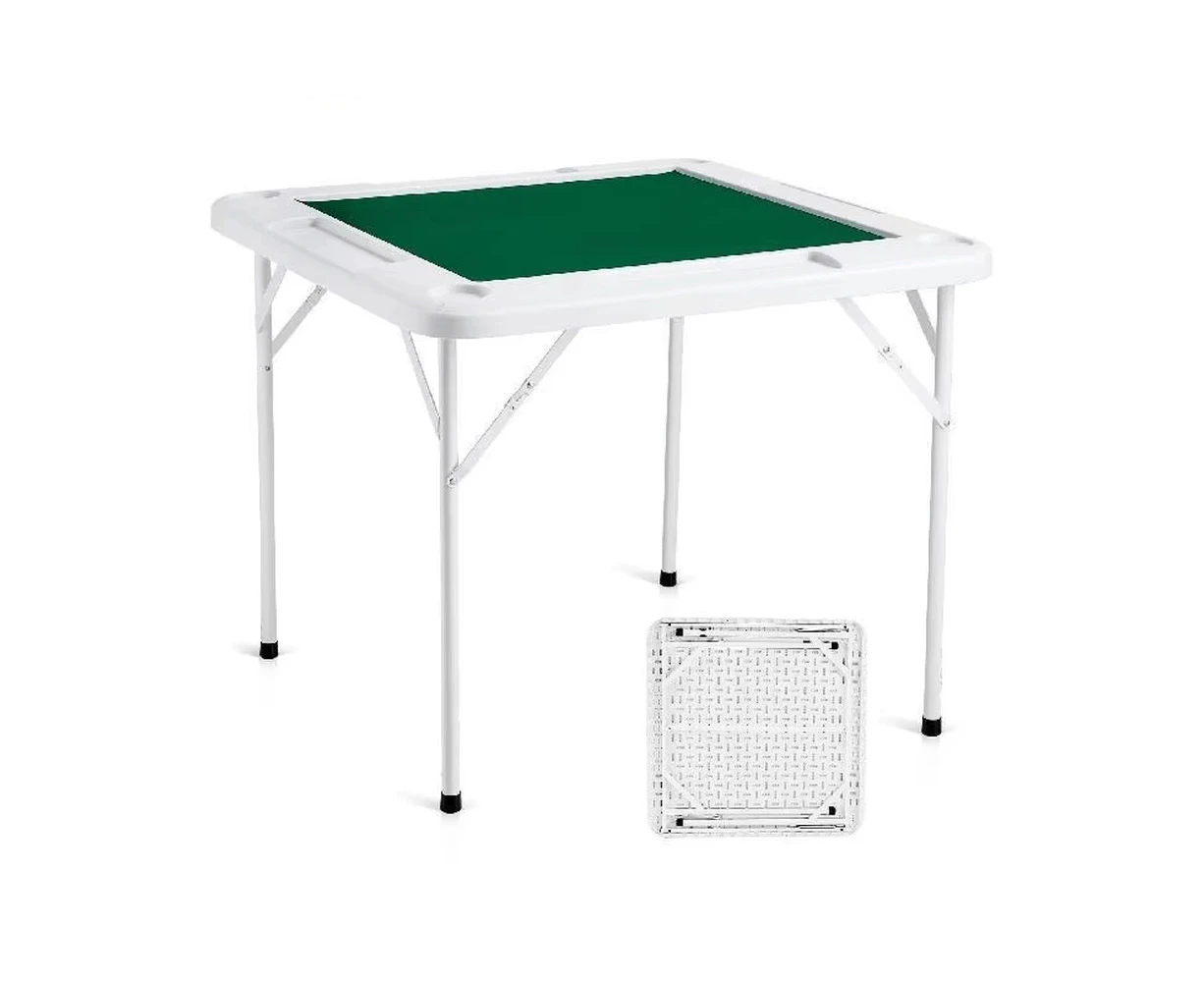 4 Player Folding Mahjong Domino Table with Wear-Resistant Top, 90cm Square, 4 Chip Trays (white + Table mat)