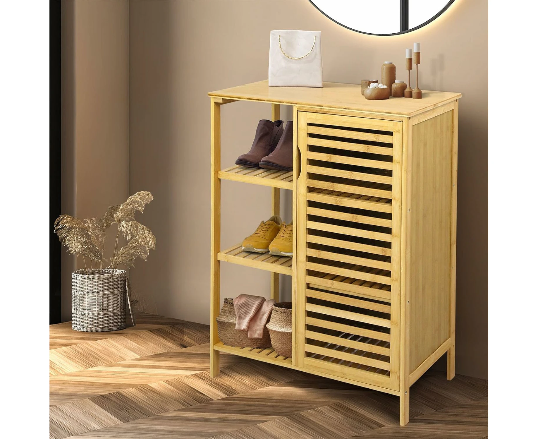 Bamboo Shoe Stora  Cabinet, Freestanding O anizer, 2-Tier Cabinets Cupboard with Louvered Door and Open Shelf, for Bathroom Laundry Room, Entryway, Ki