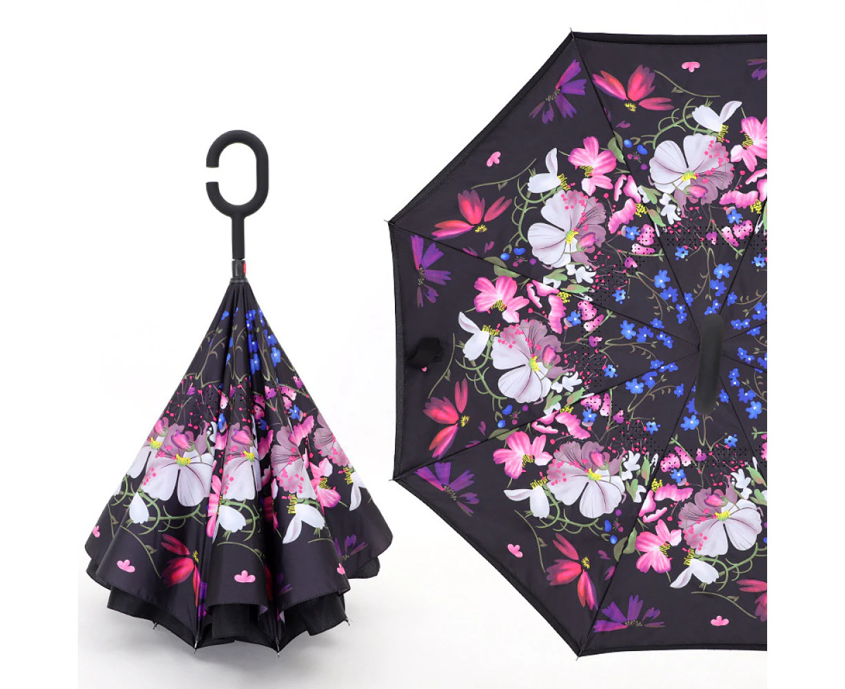 Inverted Umbrella, Windproof Umbrella, Reverse Umbrella With C-Shaped Handle, Self Standing, Double Layer, Protects Against