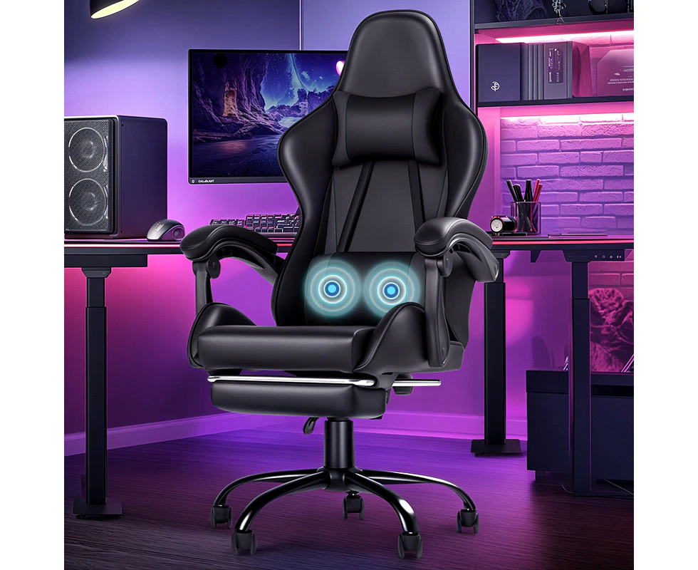 Advwin Gaming Chair Massage Lumbar Cushion Racing Style 135° Office Computer Chair Recliner with Footrest Black