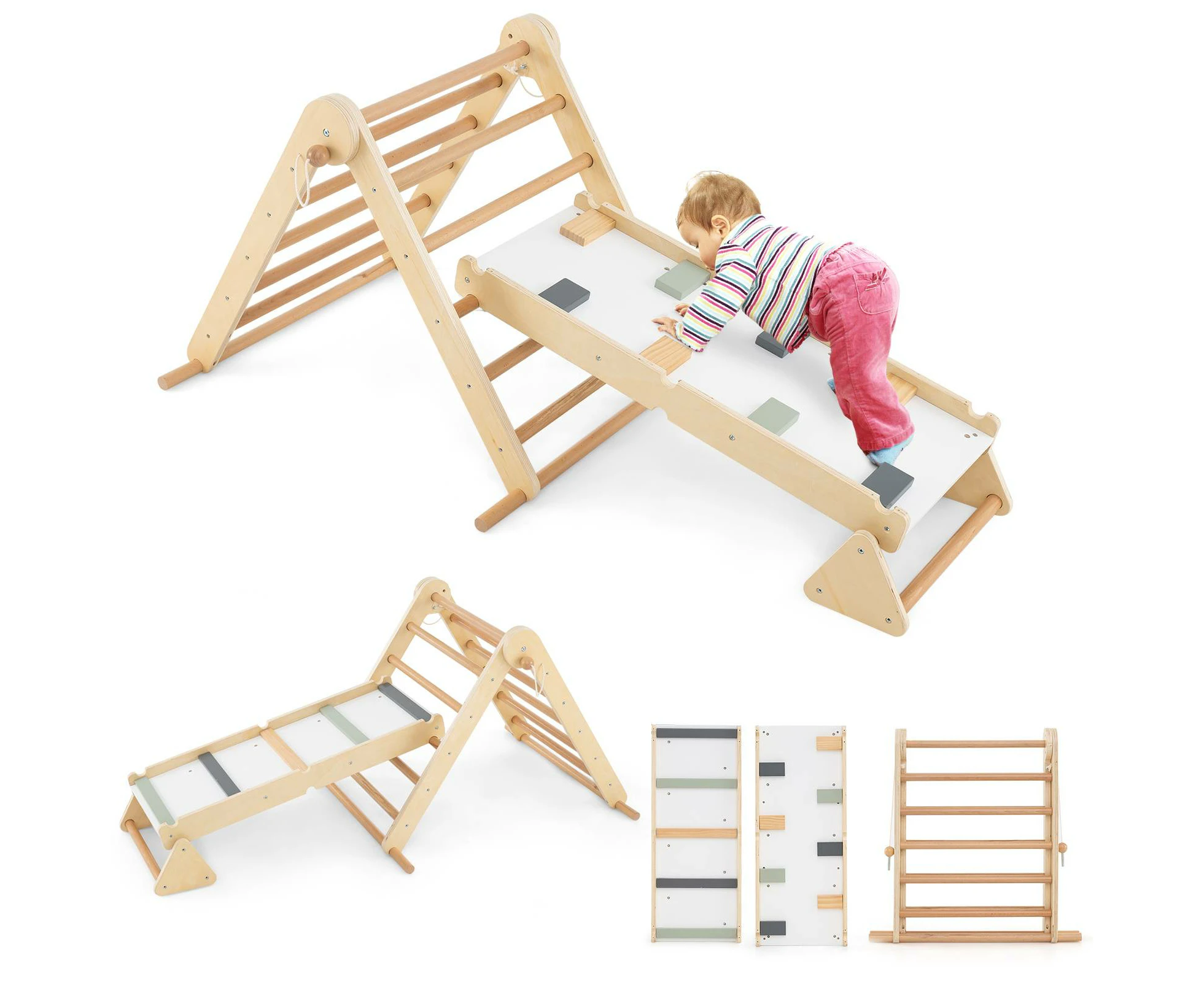 3-in-1 Pikler Triangle Climbing Set Kids Montessori Toys w/Dual-Side Ramp Foldable Wooden Climber