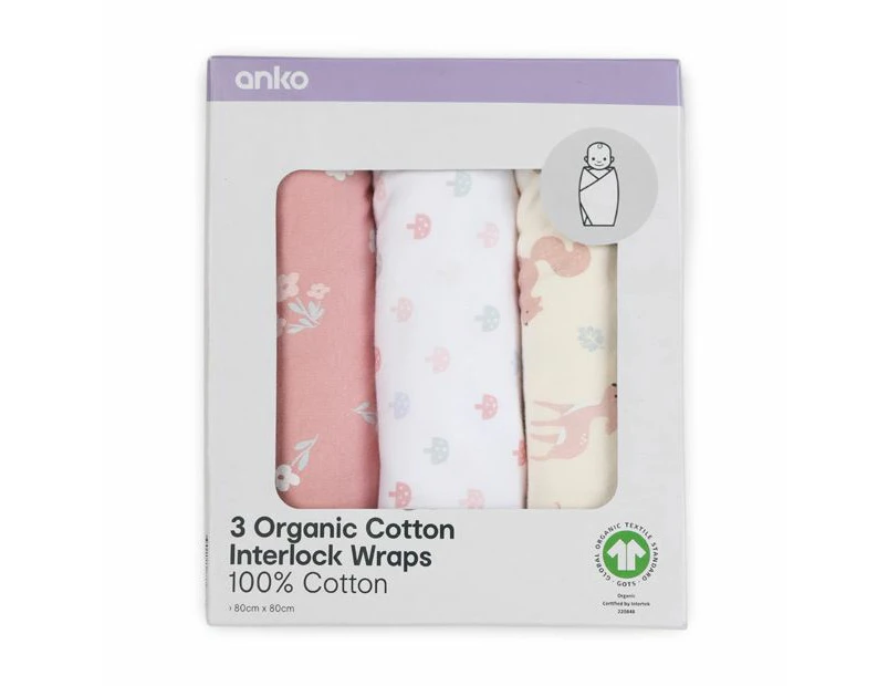 3 Pack Organic Cotton Interlock Wraps, Woodlands - Anko