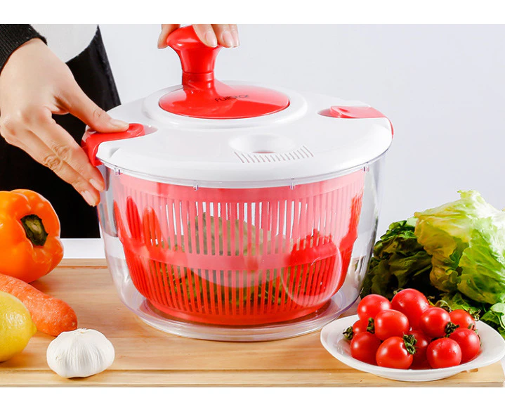 Kitchen Salad Spinner Large 5L Capacity - Manual Lettuce Spinner With Secure Lid Lock & Rotary Handle - Easy To Use Salad Spinners With Bowl,,Red