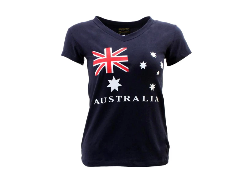 FIL Women's Ladies' Cotton T Shirt Australian Australia Souvenir V Neck - Flag Navy