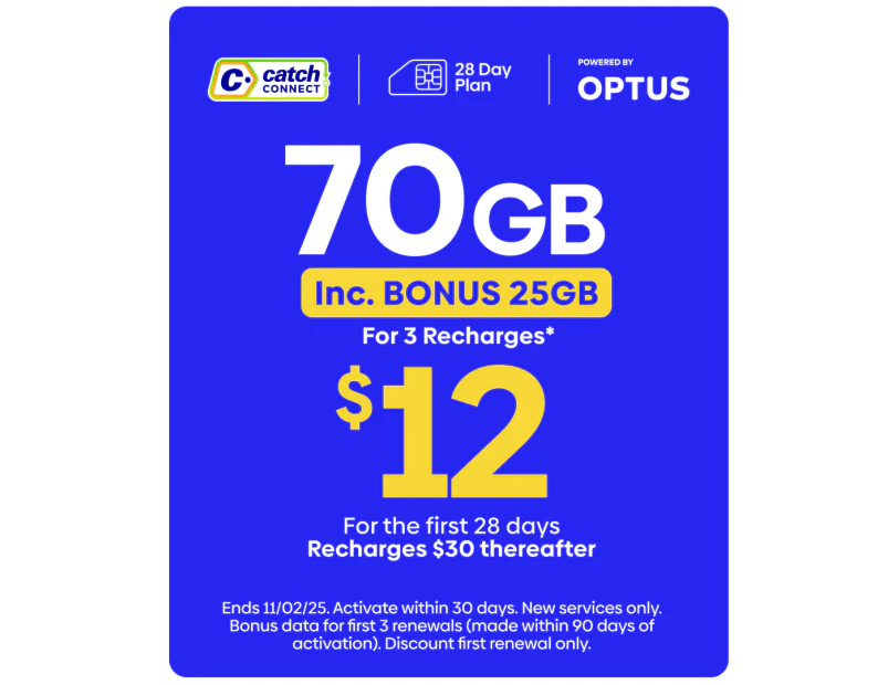 Catch Connect 28 Day Mobile Plan - 45GB (+25GB Bonus Data)