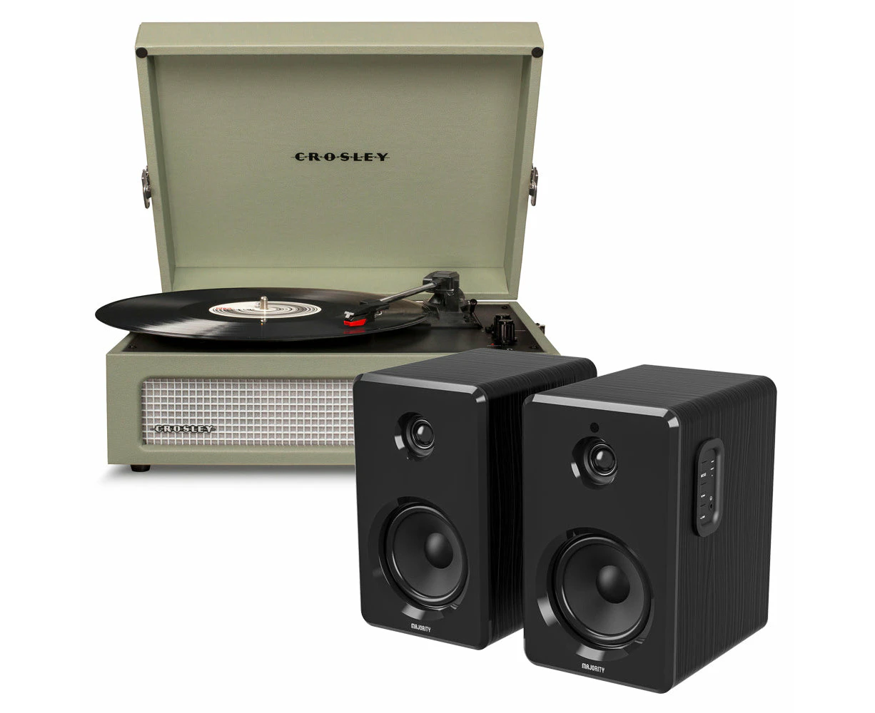 Crosley Voyager Bluetooth Portable Turntable - Sage + Bundled Majority D40 Bluetooth Speakers - Black