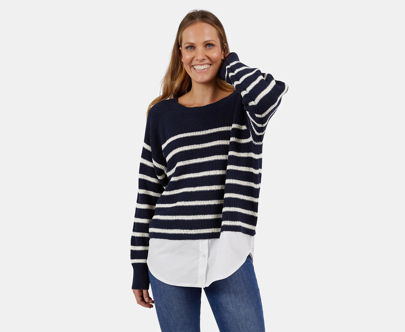 Elm Woman's Fawn Combo Knit Sweater - Dark Sapphire/Pearl